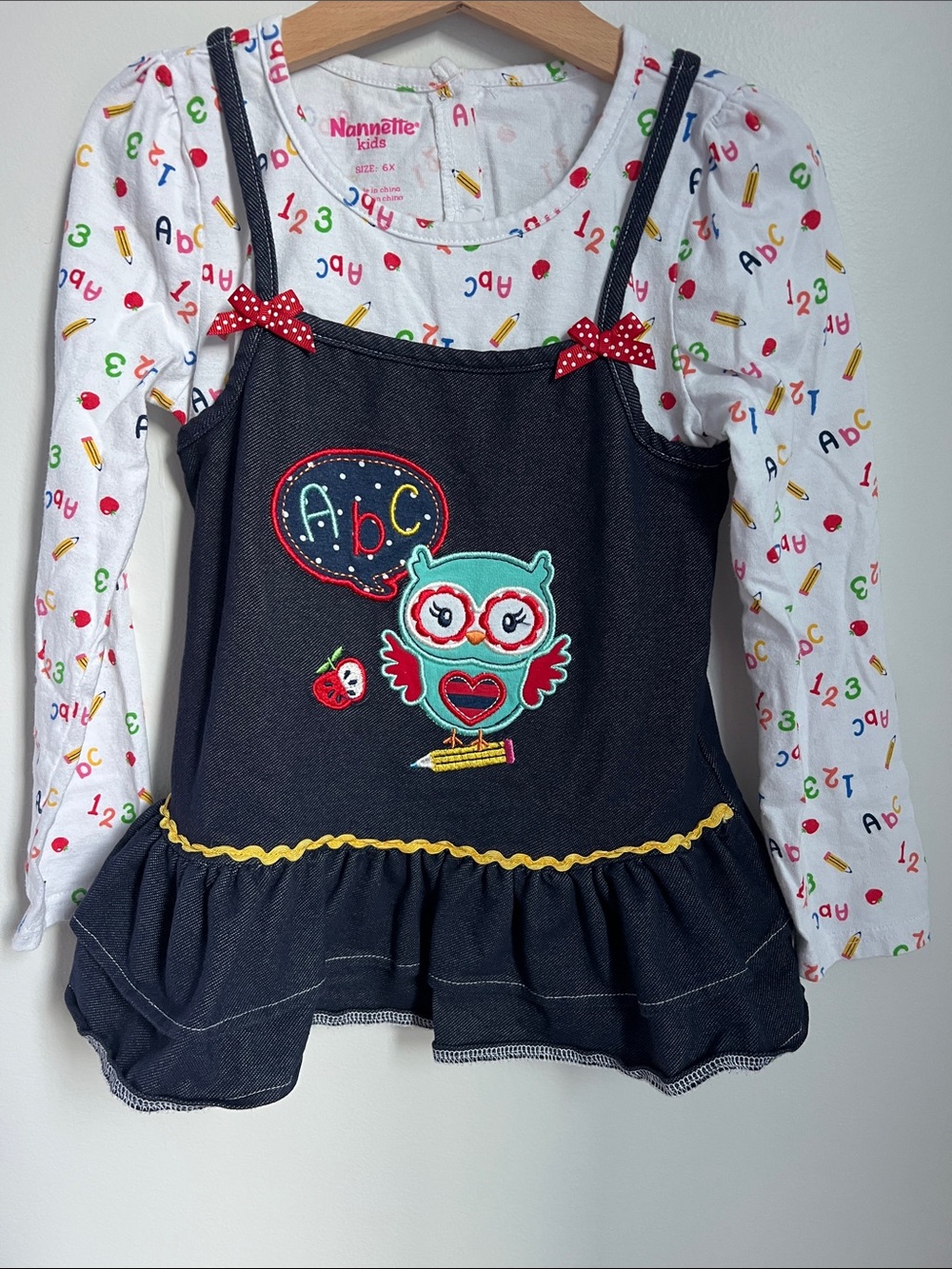 Nannette | Kids Dark Denim-Look Layered Dress Top ABC Print White Tee Size 6X